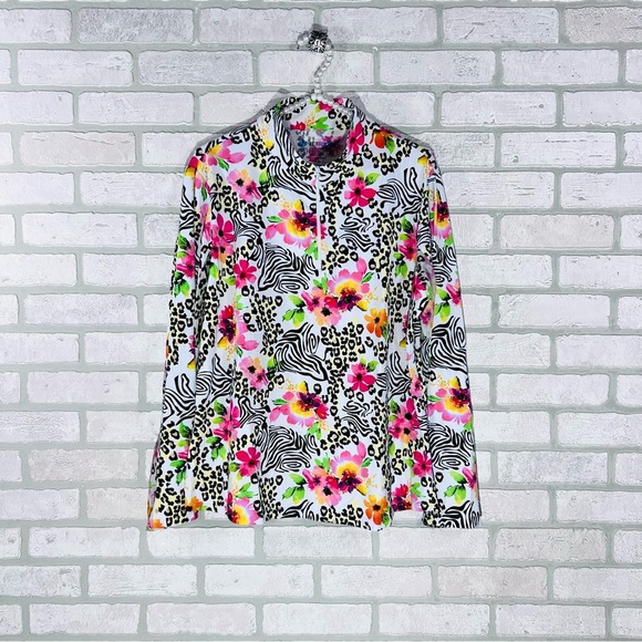 IBKUL Flower Zebra Leopard Print Long Sleeve Quarter Zip Top Size XXL - Picture 3 of 9